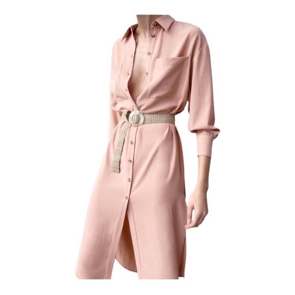 Zara Dresses & Skirts - Zara Midi Oversized Belted Pink Shirtdress with Side Split | Size S